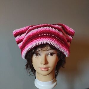 Striped Pink and Red Crochet Cat Hat
